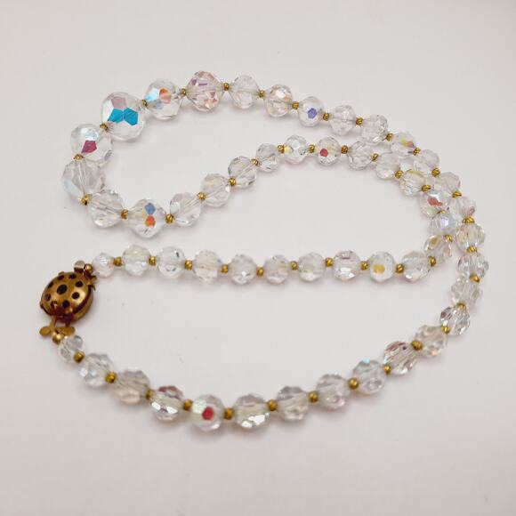 Vintage Aurora Borealis Crystal Necklace 20" Graduated Beads Gold Spacers - Picture 5 of 10